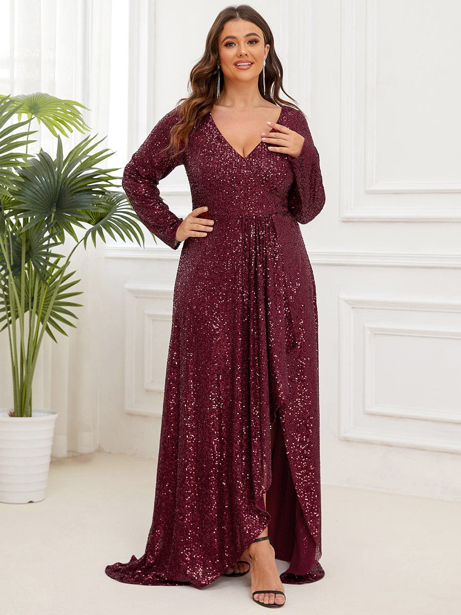 Elegant Plus Size Sequin V-Neck Long Sleeve Evening Gown with High Slit