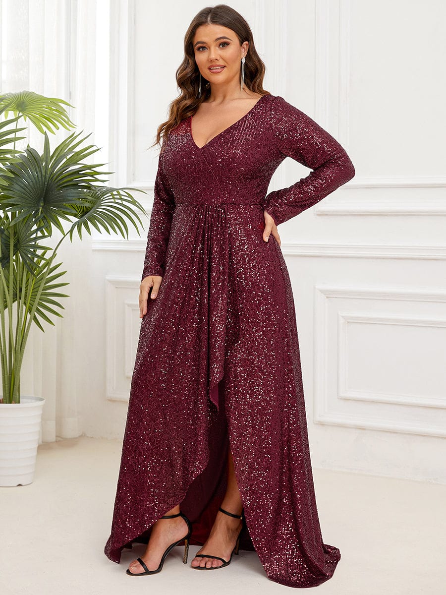 Elegant Plus Size Sequin V-Neck Long Sleeve Evening Gown with High Slit