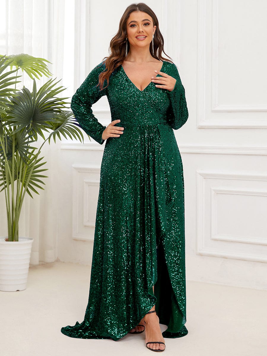 Elegant Plus Size Sequin V-Neck Long Sleeve Evening Gown with High Slit