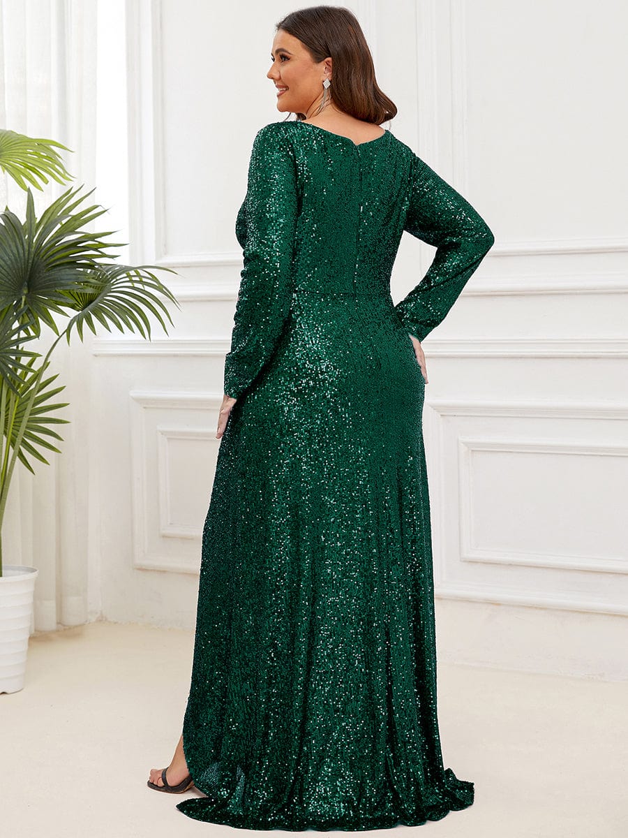 Elegant Plus Size Sequin V-Neck Long Sleeve Evening Gown with High Slit