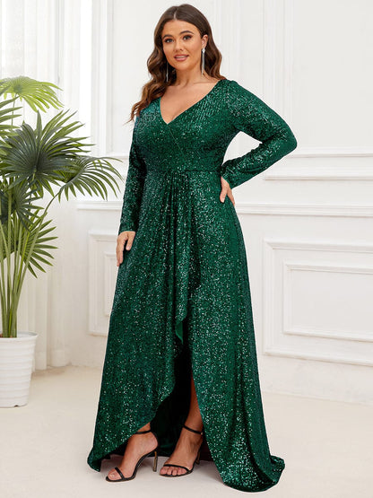 Elegant Plus Size Sequin V-Neck Long Sleeve Evening Gown with High Slit