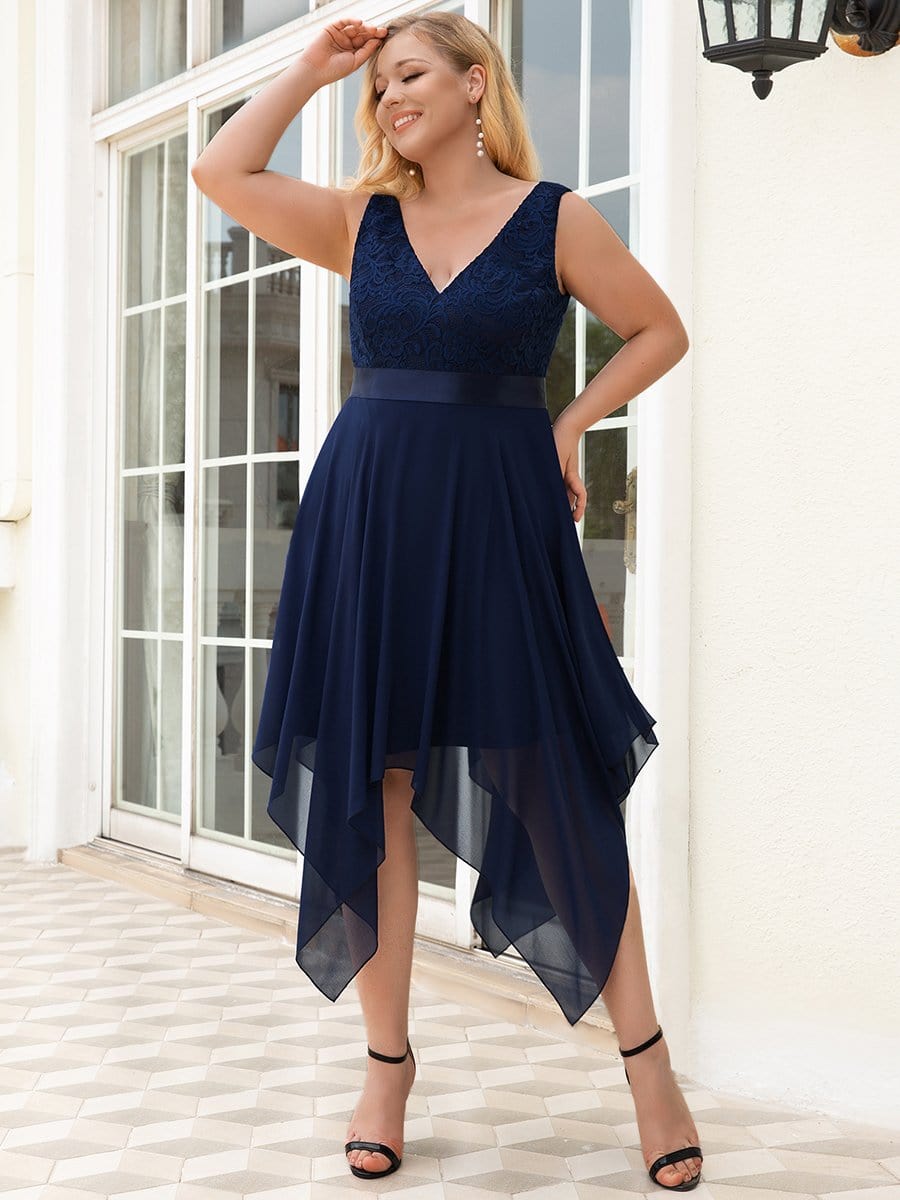 Elegant Plus Size Sleeveless Deep V Neck Dress with Asymmetrical Hem