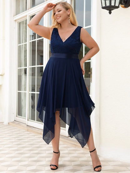 Elegant Plus Size Sleeveless Deep V Neck Dress with Asymmetrical Hem