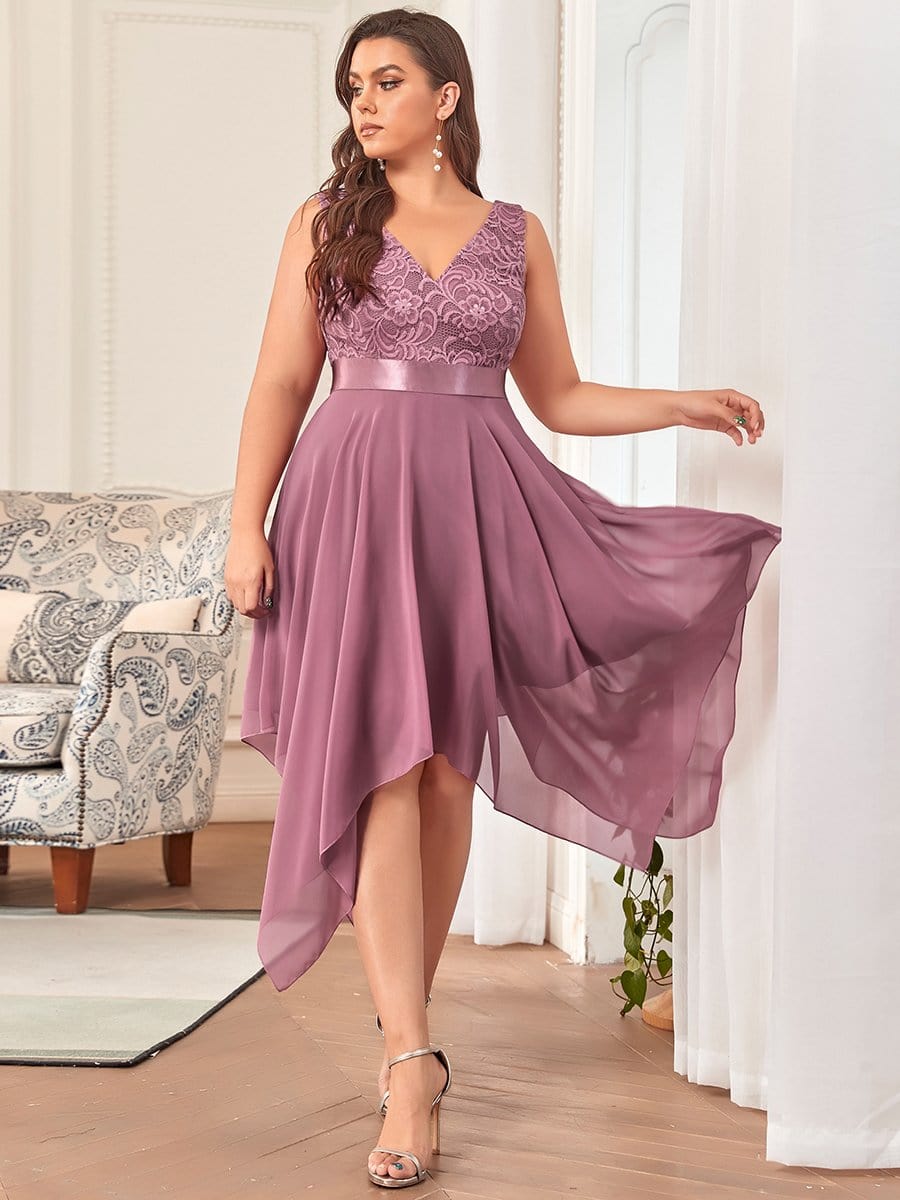 Elegant Plus Size Sleeveless Deep V Neck Dress with Asymmetrical Hem