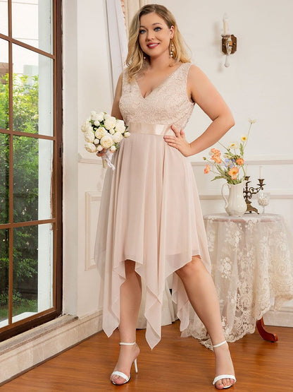 Elegant Plus Size Sleeveless Deep V Neck Dress with Asymmetrical Hem