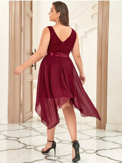 Elegant Plus Size Sleeveless Deep V Neck Dress with Asymmetrical Hem