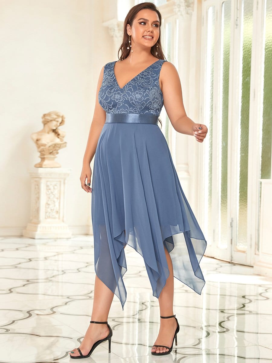 Elegant Plus Size Sleeveless Deep V Neck Dress with Asymmetrical Hem