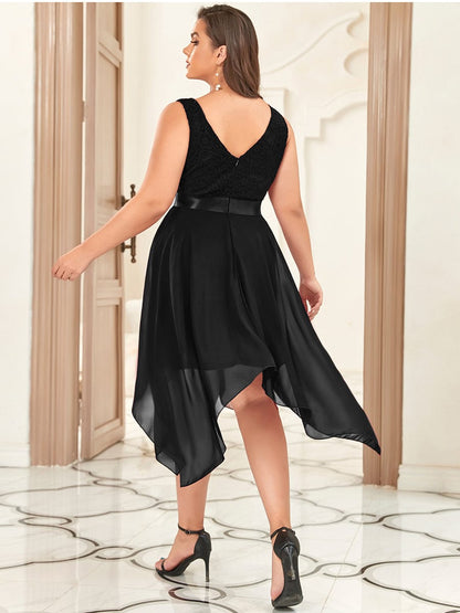 Elegant Plus Size Sleeveless Deep V Neck Dress with Asymmetrical Hem