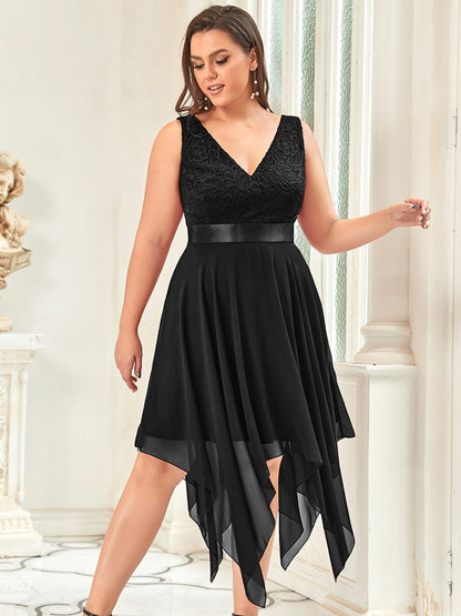 Elegant Plus Size Sleeveless Deep V Neck Dress with Asymmetrical Hem