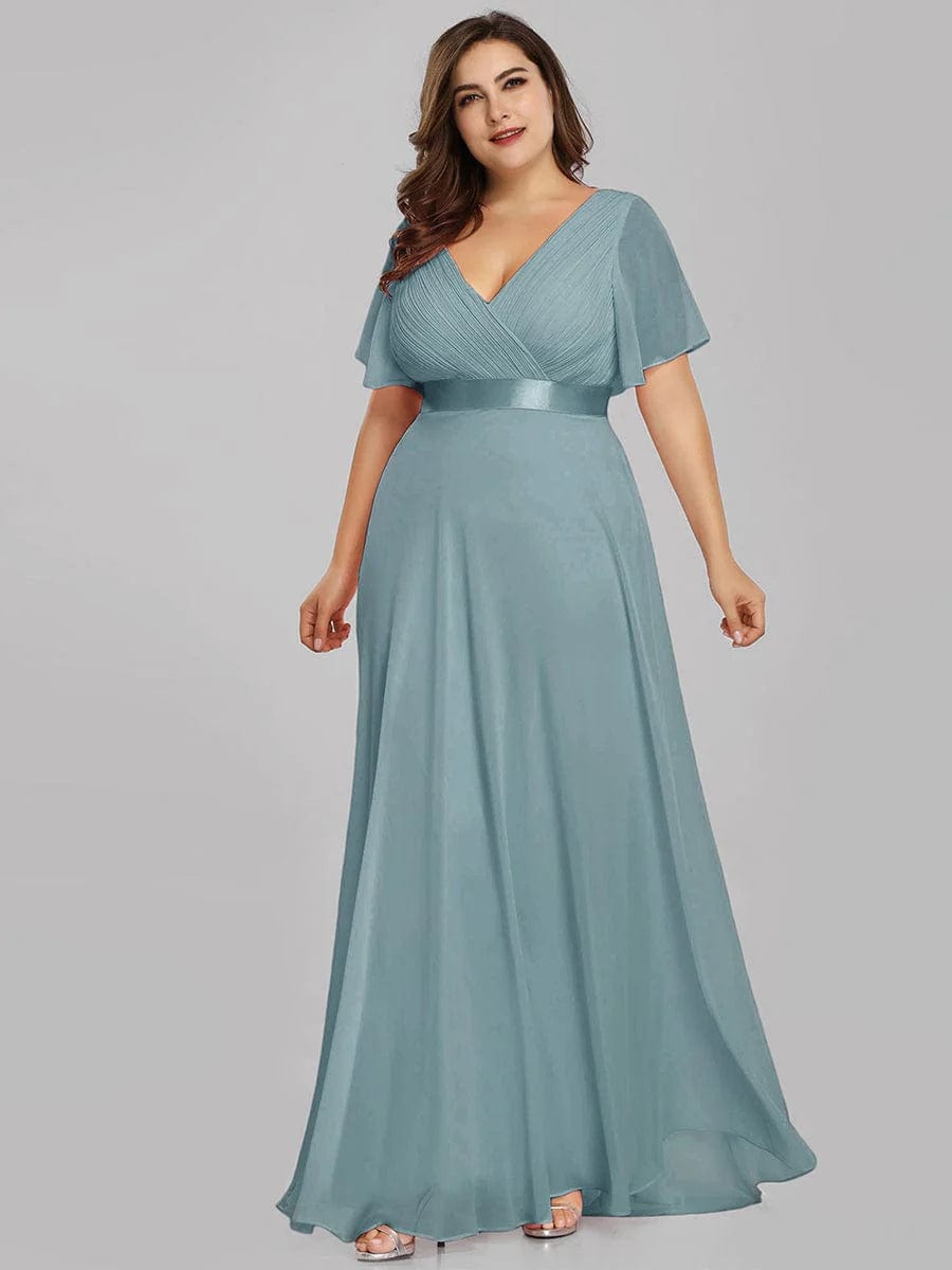 Elegant Plus Size V-Back Bridesmaid Dress with Short Sleeves