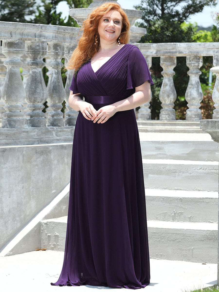 Elegant Plus Size V-Back Bridesmaid Dress with Short Sleeves