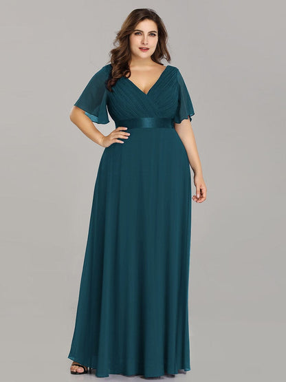 Elegant Plus Size V-Back Bridesmaid Dress with Short Sleeves