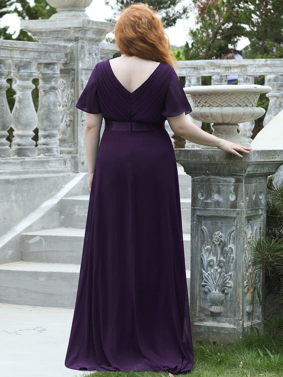 Elegant Plus Size V-Back Bridesmaid Dress with Short Sleeves