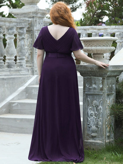 Elegant Plus Size V-Back Bridesmaid Dress with Short Sleeves