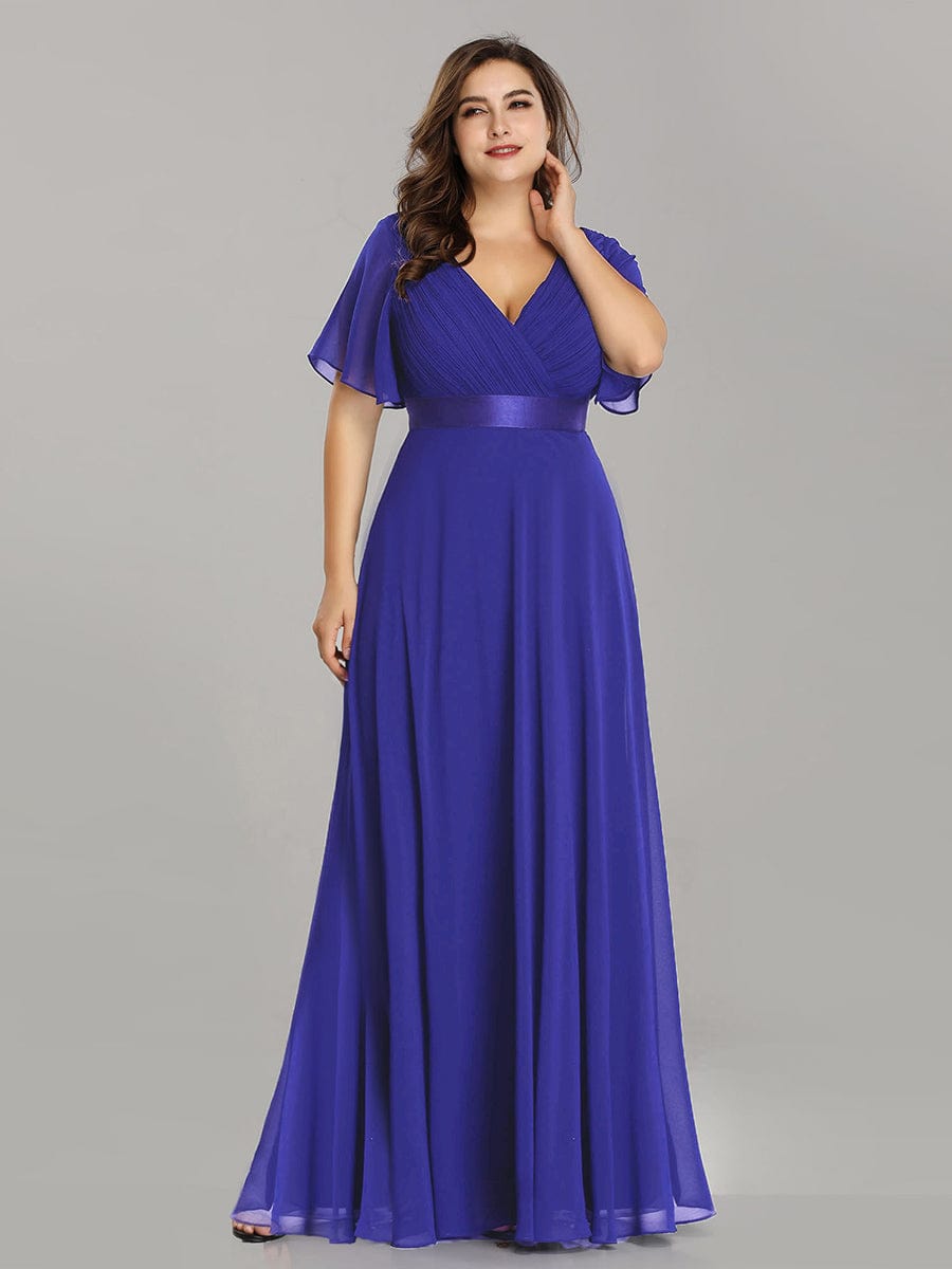 Elegant Plus Size V-Back Bridesmaid Dress with Short Sleeves
