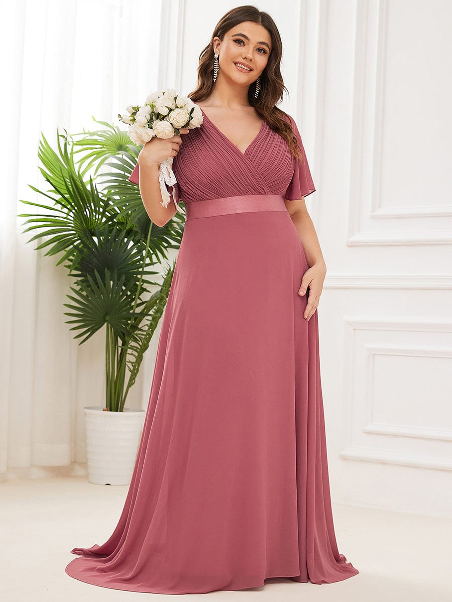 Elegant Plus Size V-Back Bridesmaid Dress with Short Sleeves