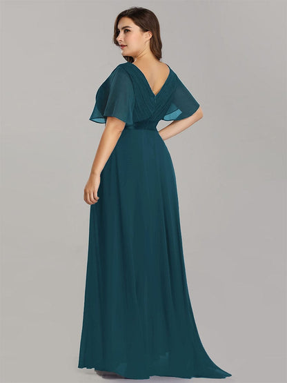 Elegant Plus Size V-Back Bridesmaid Dress with Short Sleeves