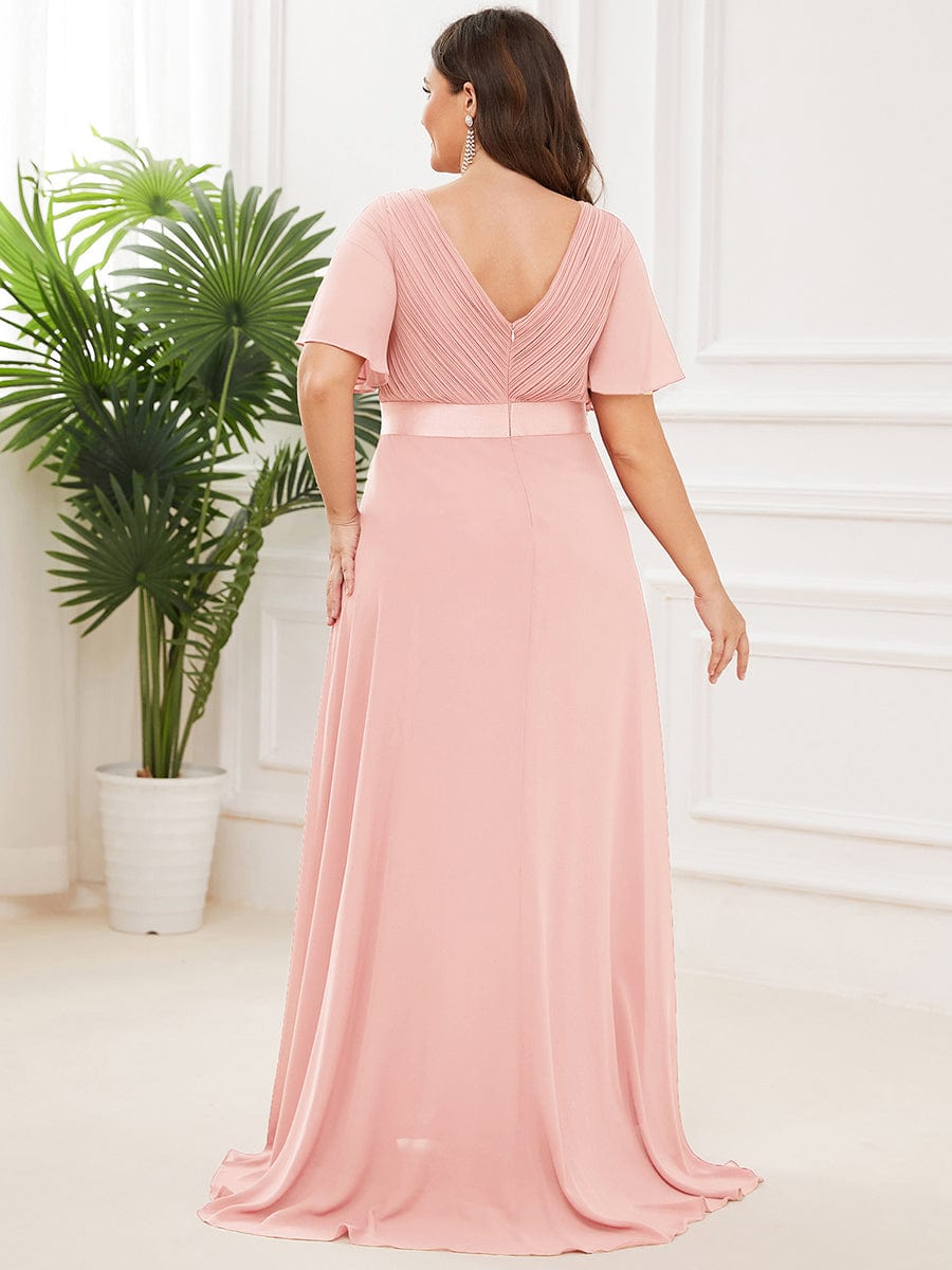 Elegant Plus Size V-Back Bridesmaid Dress with Short Sleeves