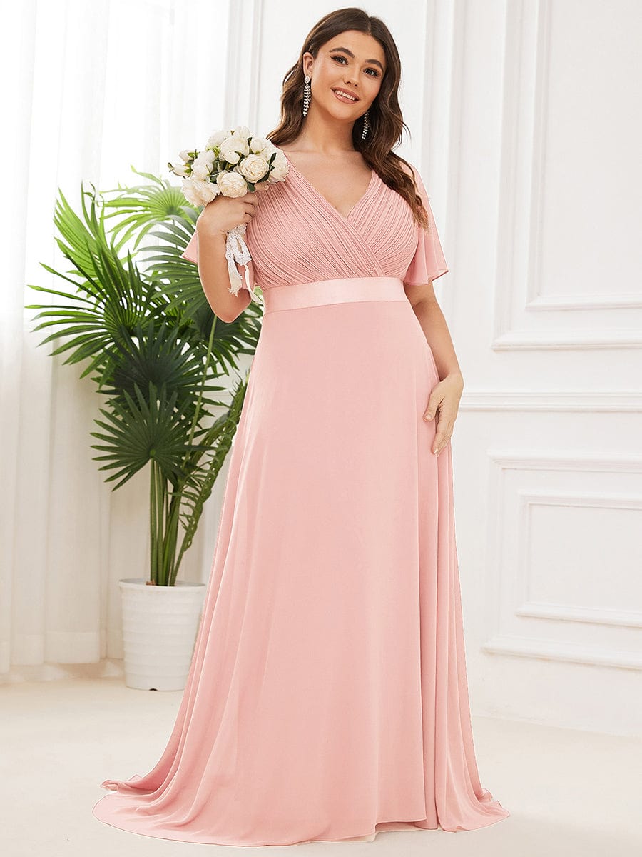 Elegant Plus Size V-Back Bridesmaid Dress with Short Sleeves