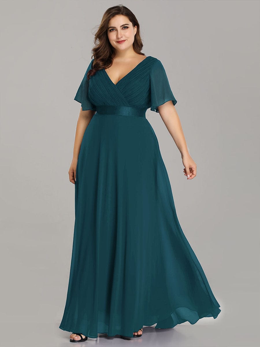 Elegant Plus Size V-Back Bridesmaid Dress with Short Sleeves