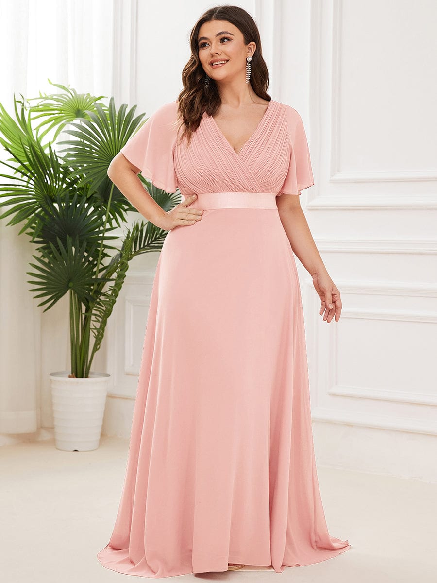 Elegant Plus Size V-Back Bridesmaid Dress with Short Sleeves