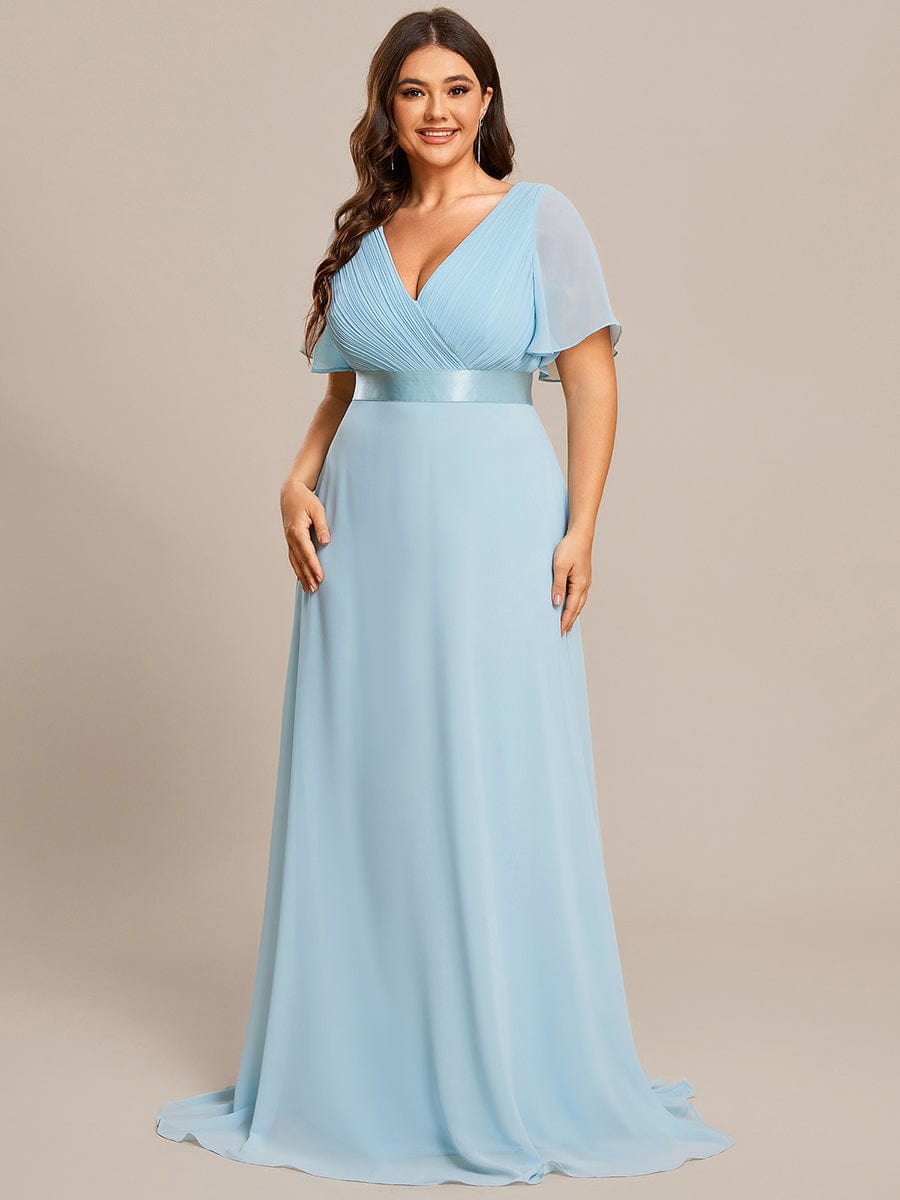 Elegant Plus Size V-Back Bridesmaid Dress with Short Sleeves