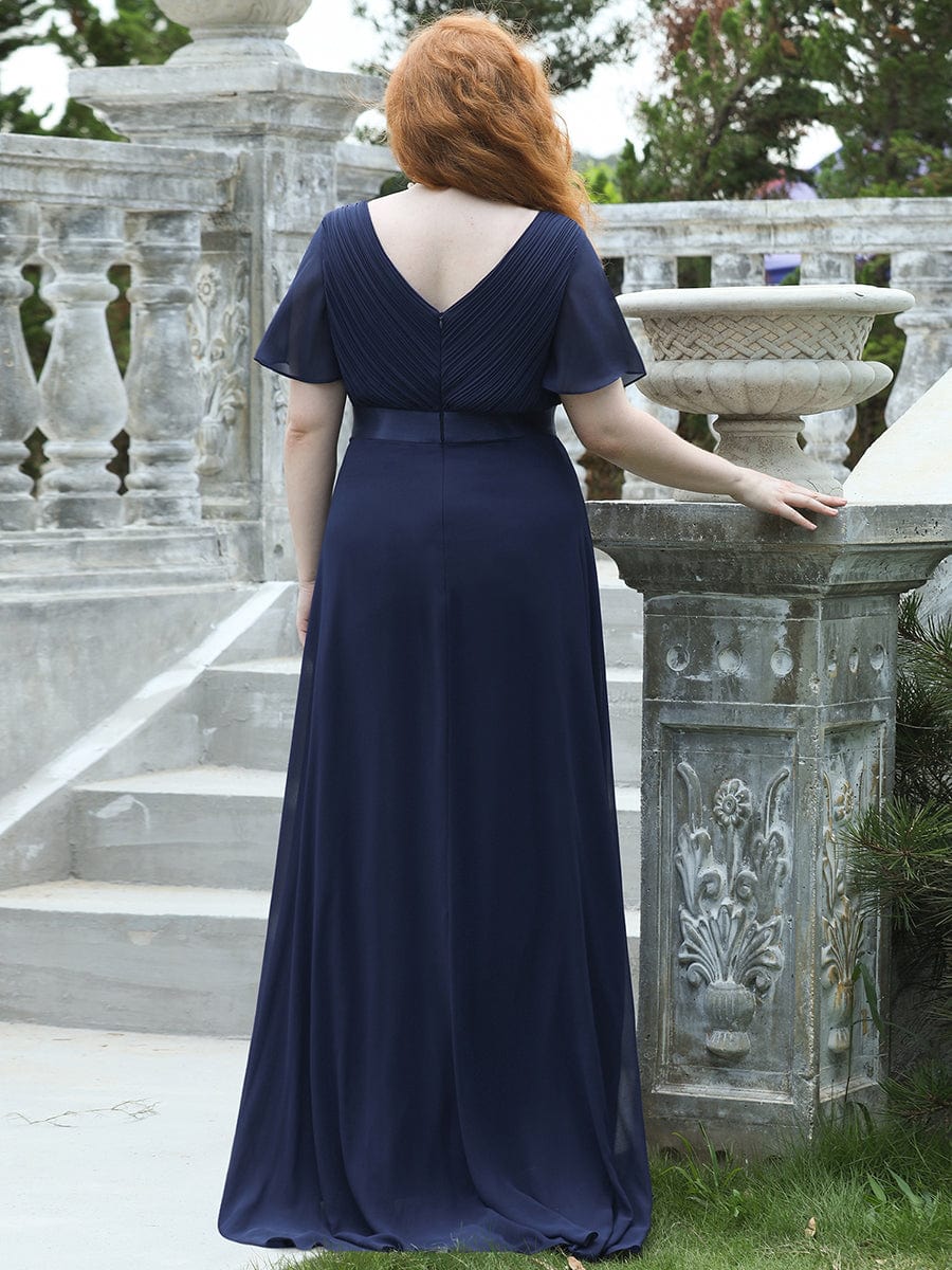 Elegant Plus Size V-Back Bridesmaid Dress with Short Sleeves
