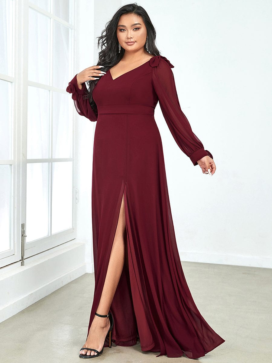 Elegant Plus Size V Neck Bridesmaid Gown with Lantern Sleeves