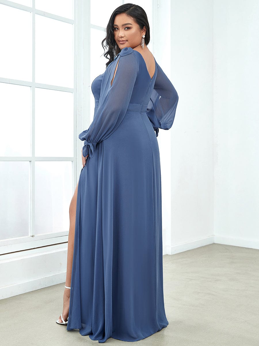 Elegant Plus Size V Neck Bridesmaid Gown with Lantern Sleeves