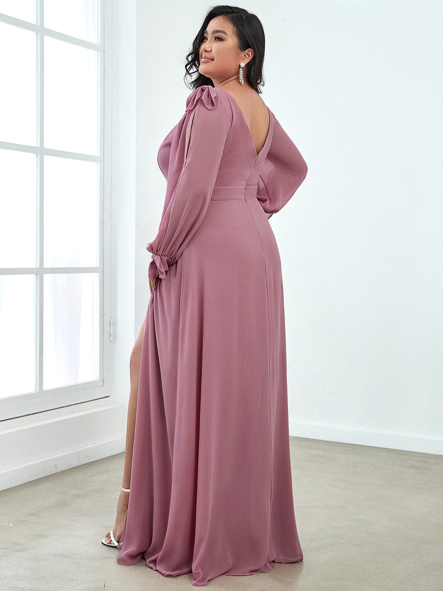 Elegant Plus Size V Neck Bridesmaid Gown with Lantern Sleeves