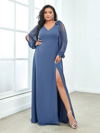 Elegant Plus Size V Neck Bridesmaid Gown with Lantern Sleeves