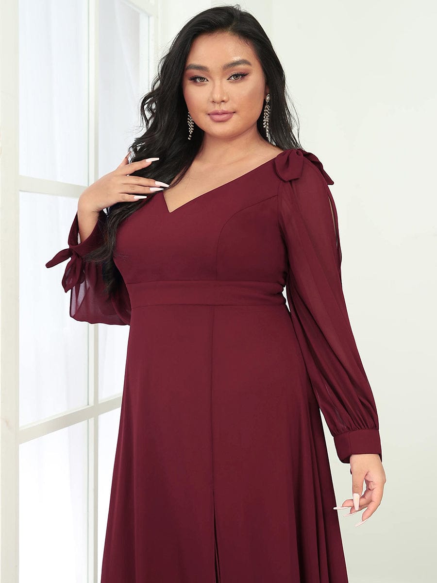 Elegant Plus Size V Neck Bridesmaid Gown with Lantern Sleeves
