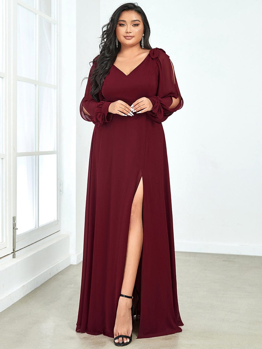 Elegant Plus Size V Neck Bridesmaid Gown with Lantern Sleeves