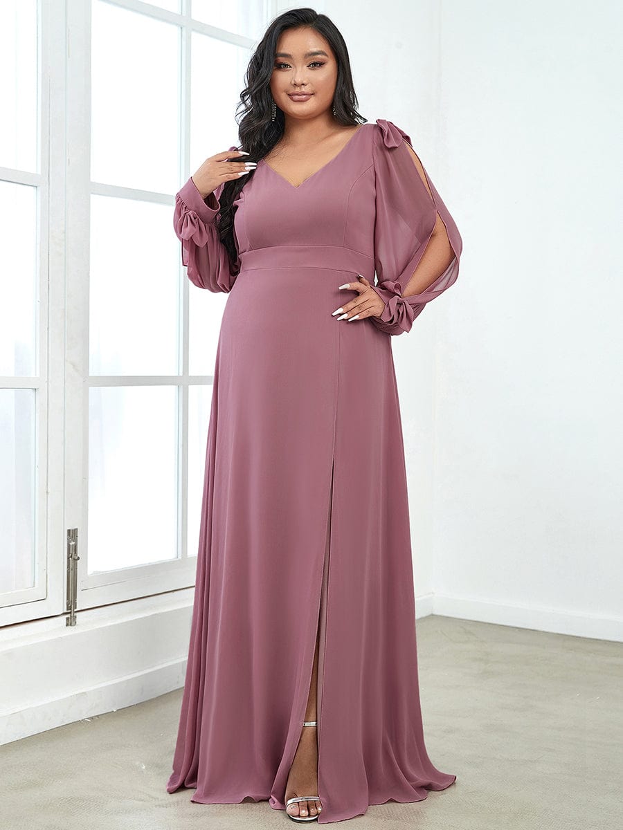 Elegant Plus Size V Neck Bridesmaid Gown with Lantern Sleeves