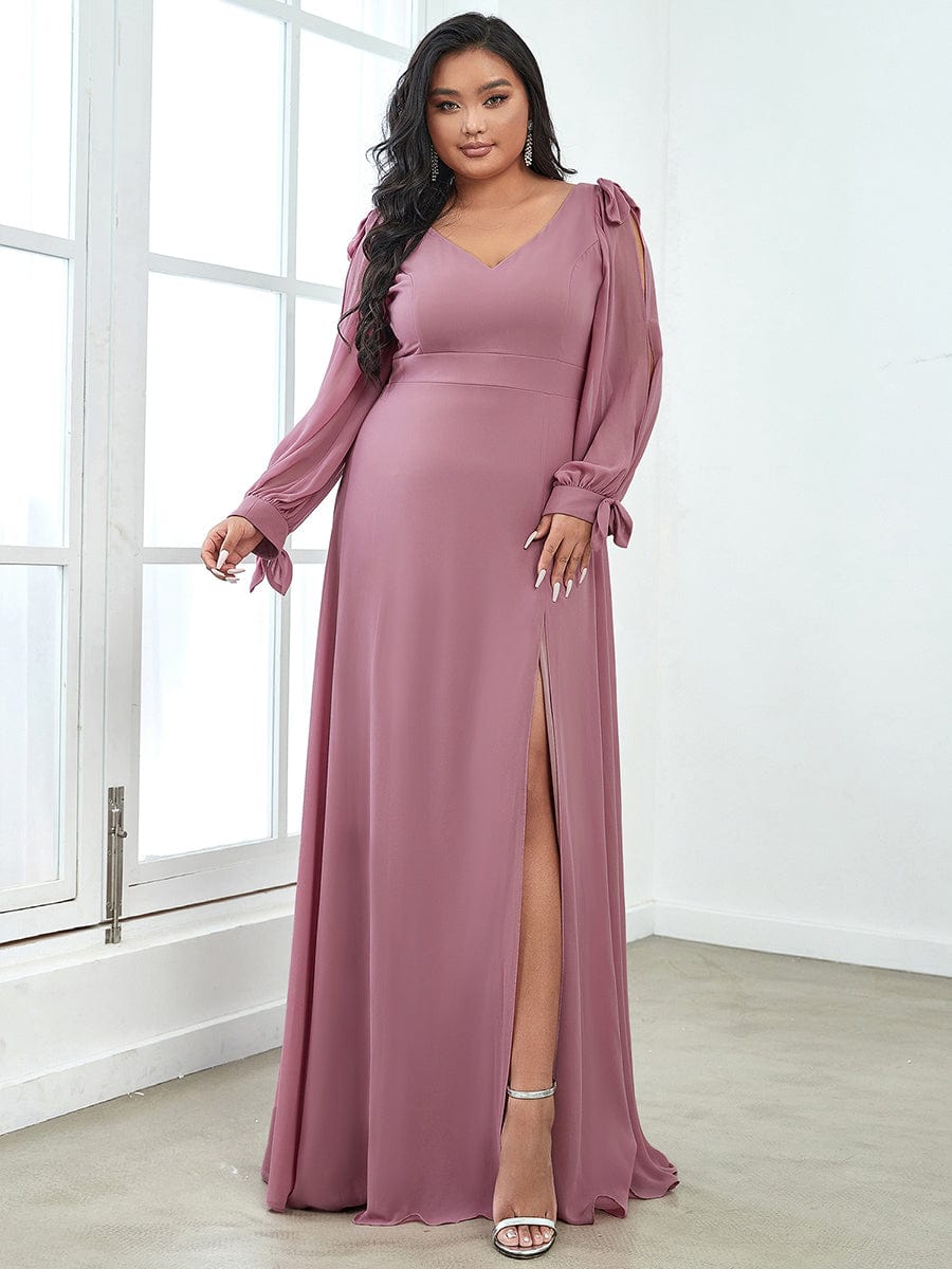 Elegant Plus Size V Neck Bridesmaid Gown with Lantern Sleeves