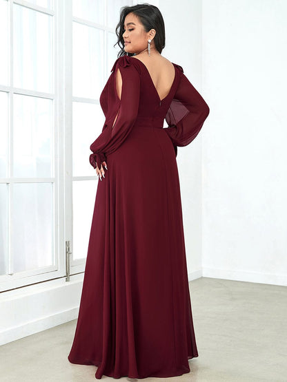 Elegant Plus Size V Neck Bridesmaid Gown with Lantern Sleeves