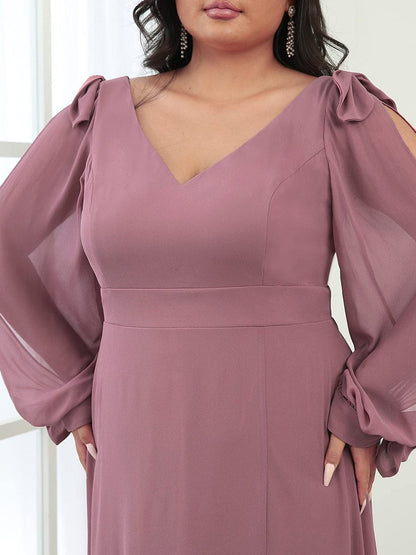Elegant Plus Size V Neck Bridesmaid Gown with Lantern Sleeves