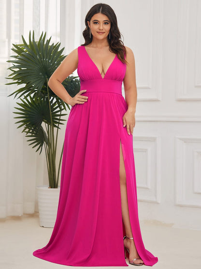 Elegant Plus Size V-Neck Empire Waist Evening Gown with High Slit