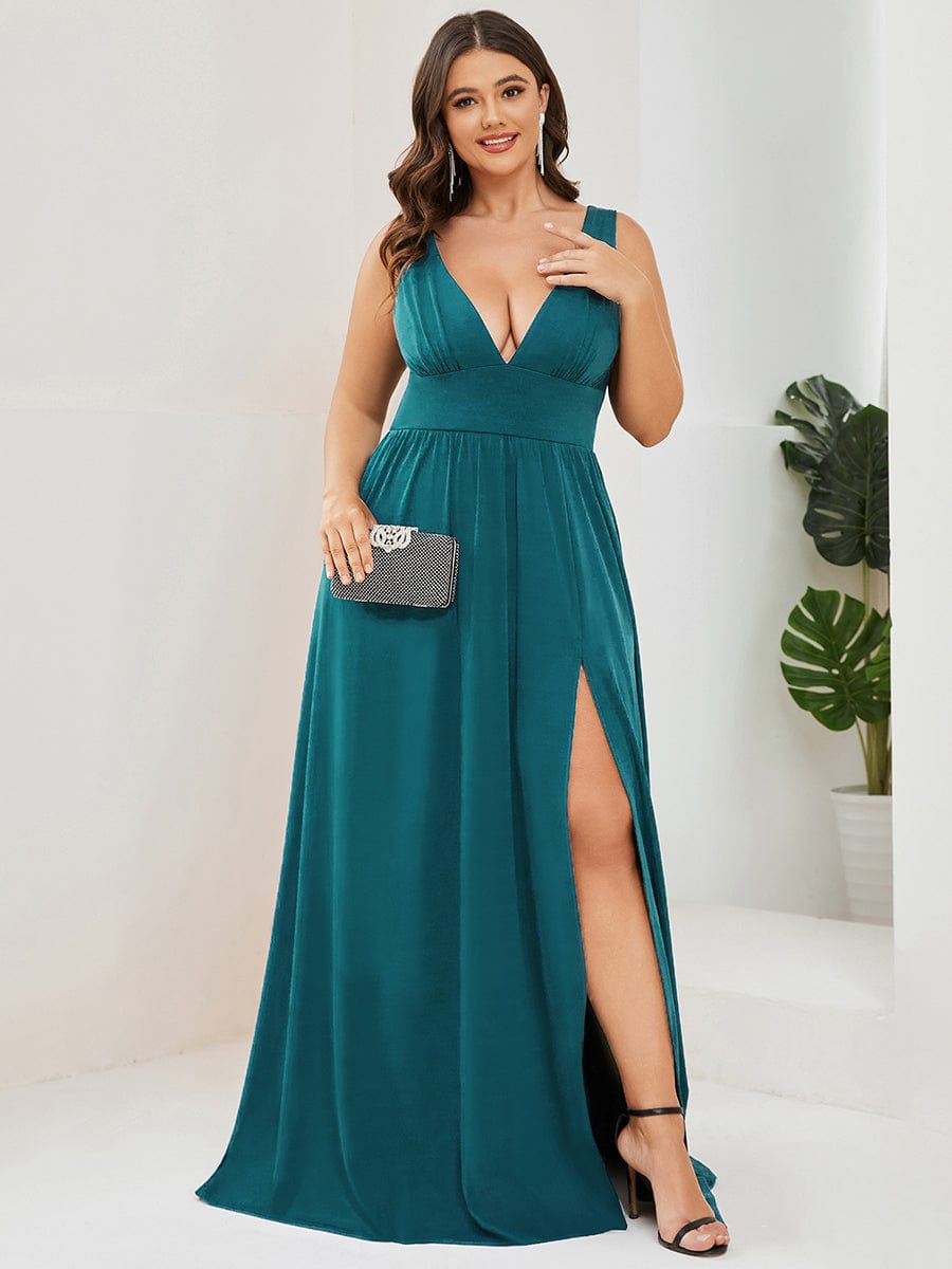 Elegant Plus Size V-Neck Empire Waist Evening Gown with High Slit