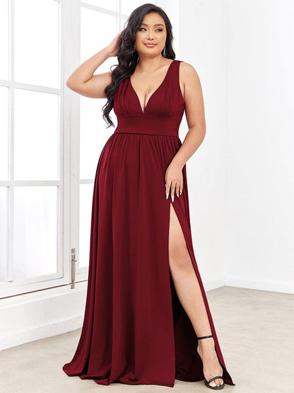 Elegant Plus Size V-Neck Empire Waist Evening Gown with High Slit