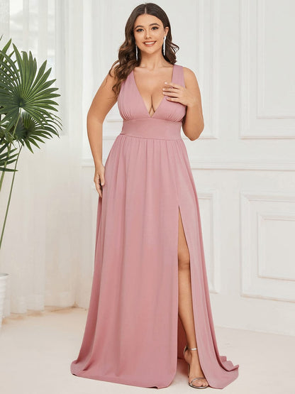 Elegant Plus Size V-Neck Empire Waist Evening Gown with High Slit