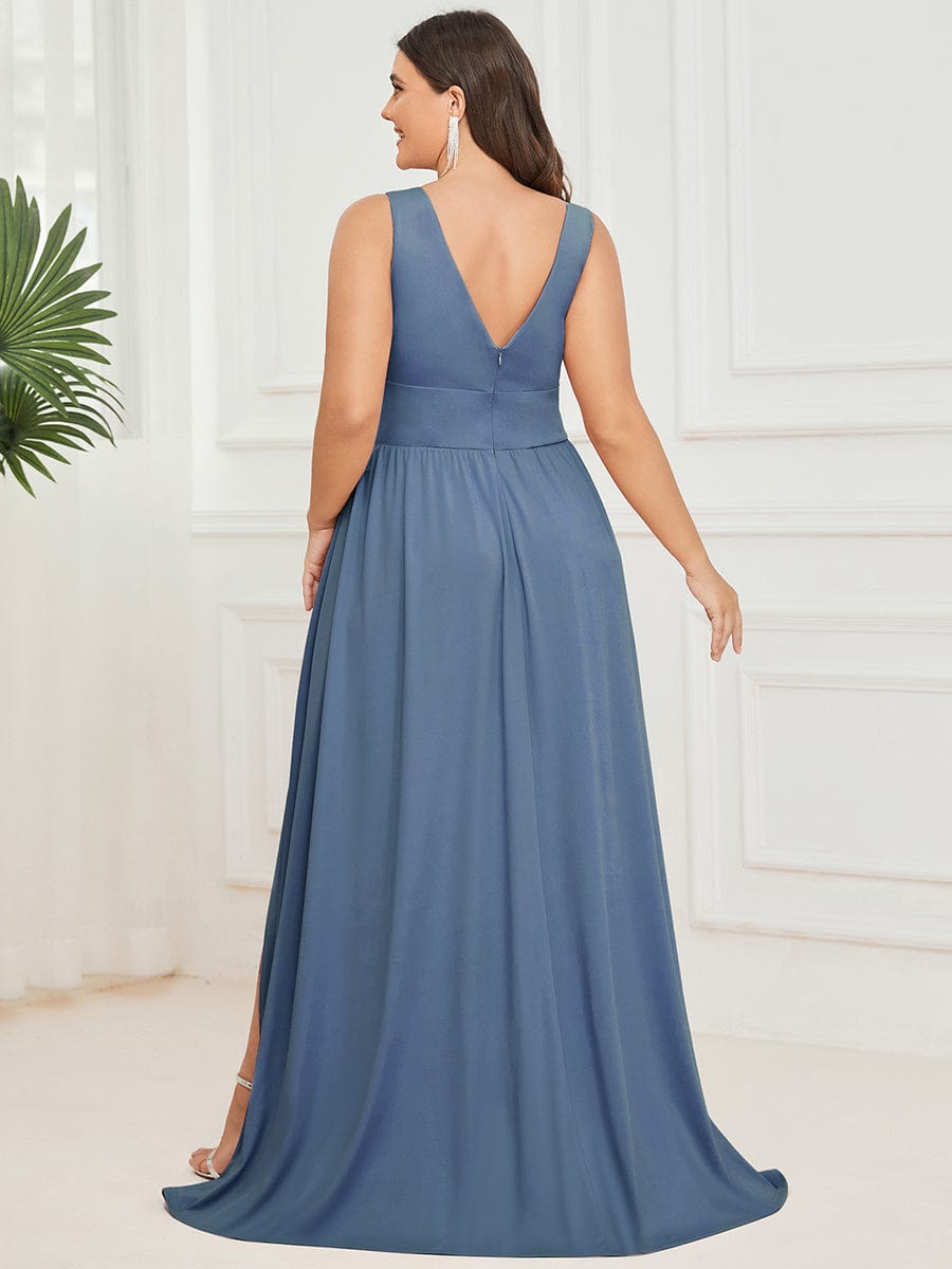Elegant Plus Size V-Neck Empire Waist Evening Gown with High Slit