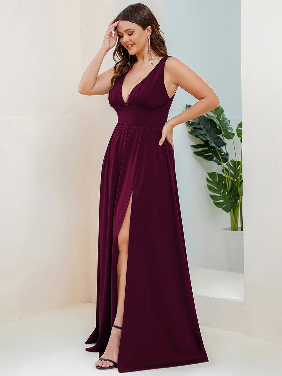 Elegant Plus Size V-Neck Empire Waist Evening Gown with High Slit