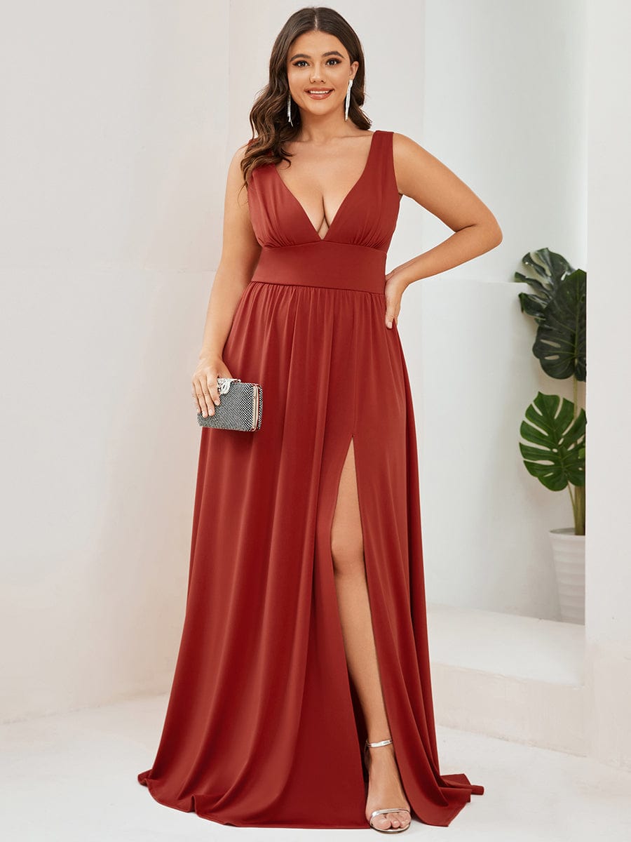 Elegant Plus Size V-Neck Empire Waist Evening Gown with High Slit