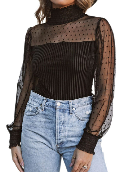 Elegant Polka Dot Long Sleeve Velvet Bodysuit