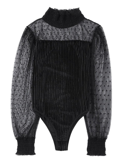 Elegant Polka Dot Long Sleeve Velvet Bodysuit