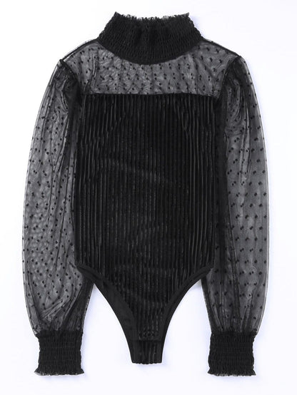 Elegant Polka Dot Long Sleeve Velvet Bodysuit
