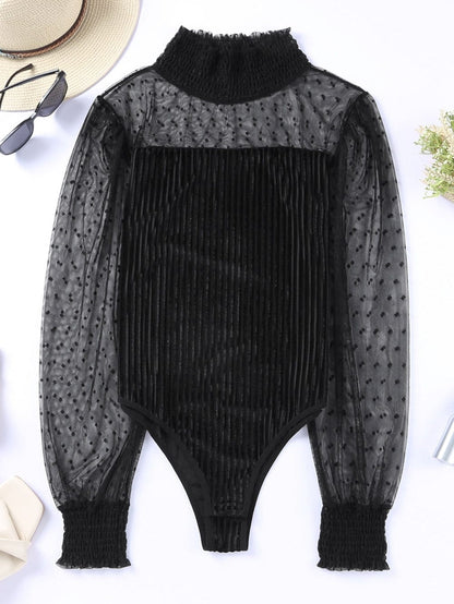 Elegant Polka Dot Long Sleeve Velvet Bodysuit