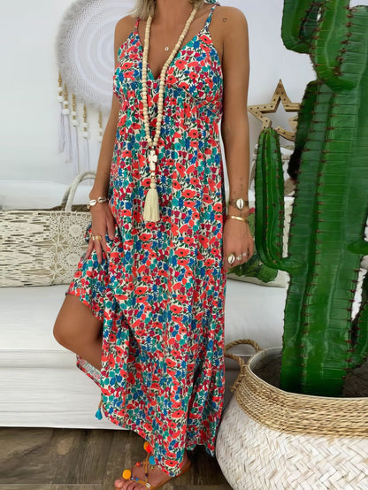Elegant Printed V-Neck Maxi Dress with Adjustable Sling