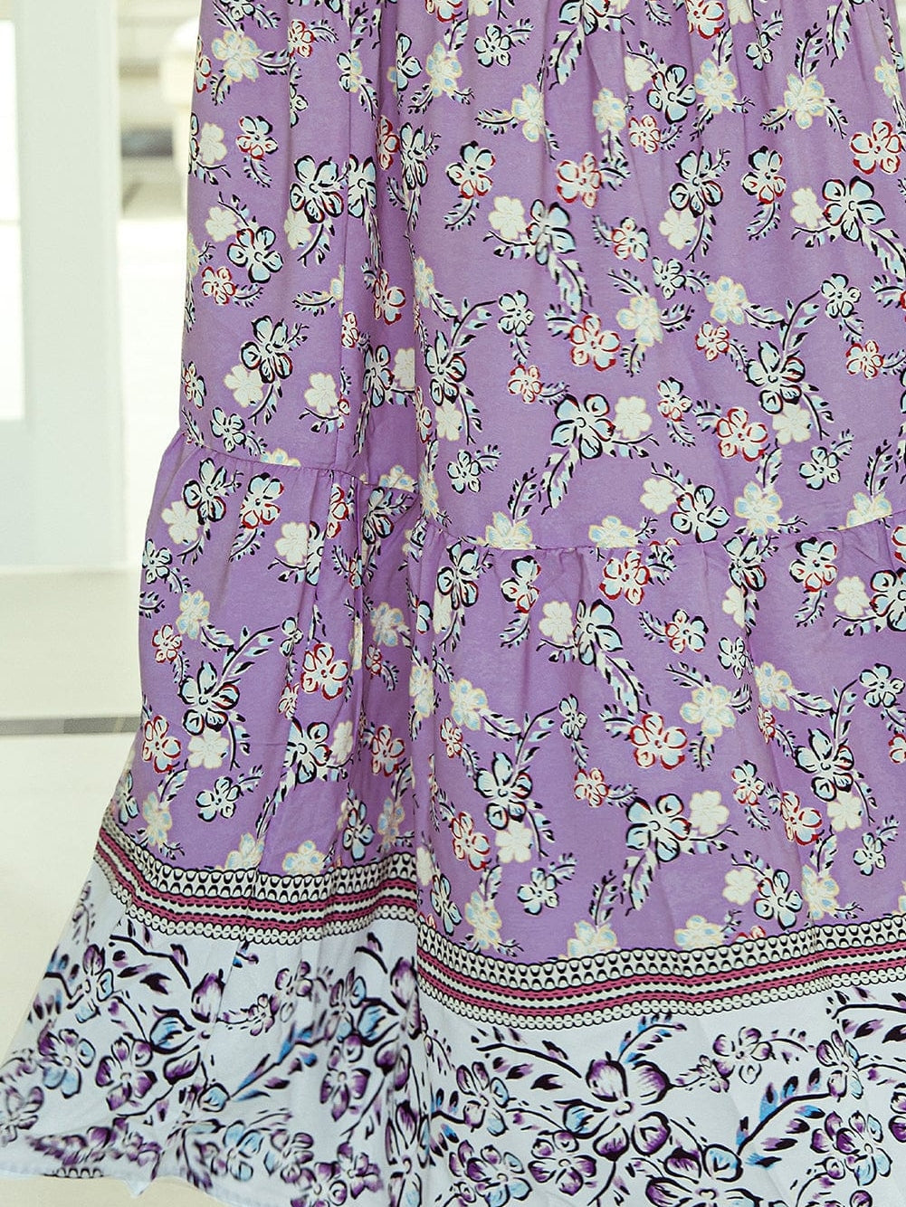 Elegant Purple Floral Boho Maxi Skirt with Smocked Details